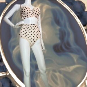 BLUSH Bra Panty SET Retro Longline High Waist Cameo Blue Dot 34D size S M